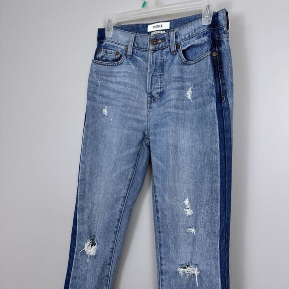 Pistola Charlie High Rise Straight Leg Jeans Size 25 Raw Hem Tonal Tuxedo Stripe - Picture 2 of 12